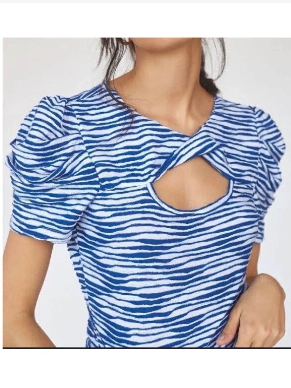 MAEVE by Anthropologie Puff Sleeve Cutout Top Blue/White Size Small